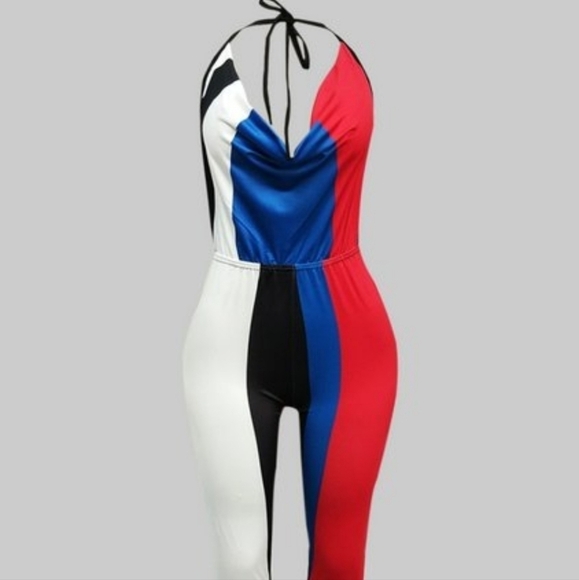 Women's red, black, white, and blue Backless 1pc Jumpsuit. Sizes S and XL. - Picture 3 of 4